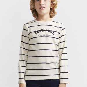 T-shirt manga comprida riscas e texto menino